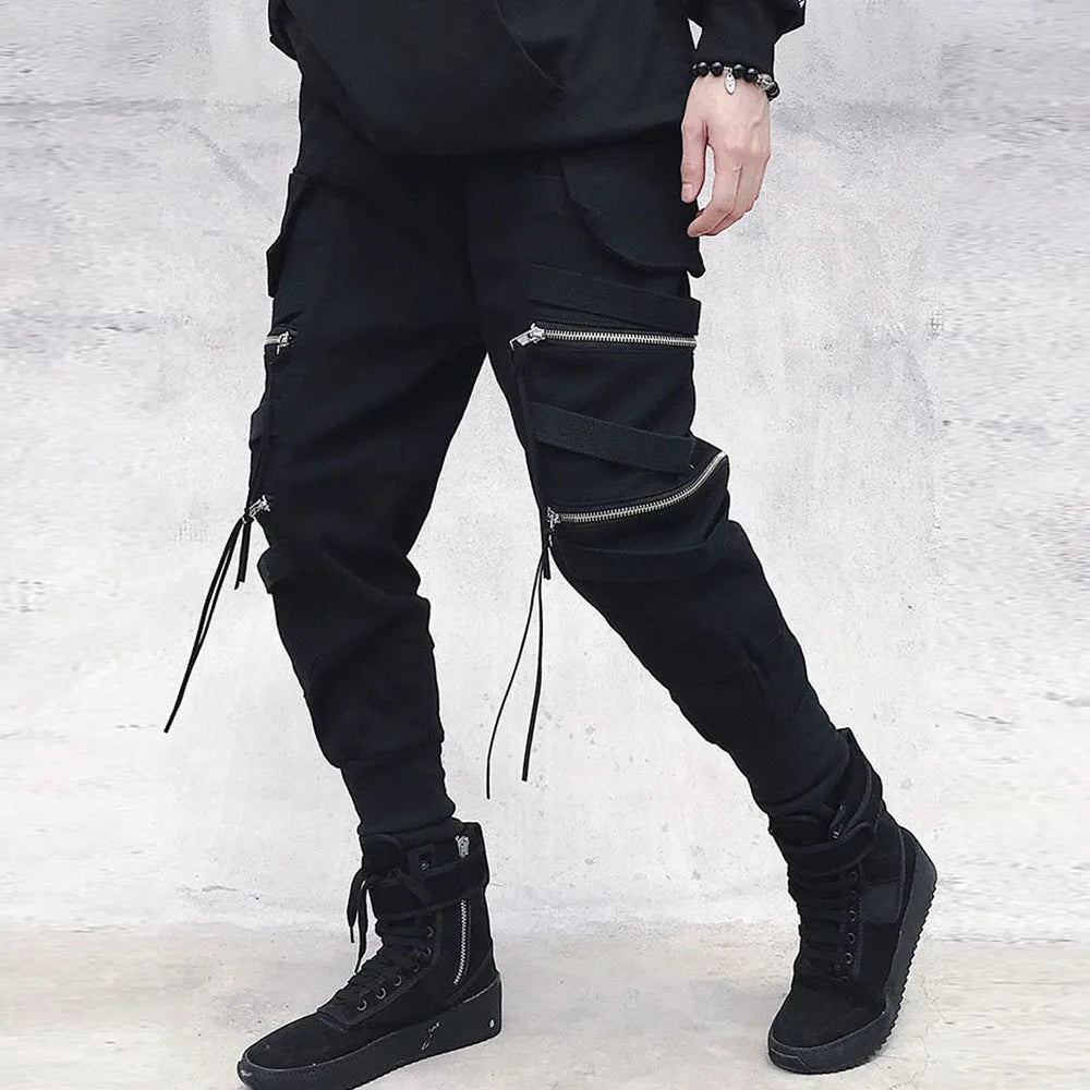 Men's Cargo Jogger Pants – Multi-Pocket Streetwear with Ribbon Detail