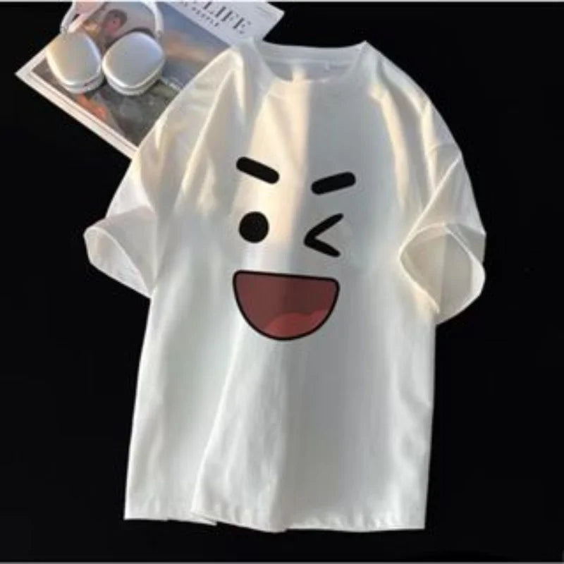 Korean Style Retro Smile Graphic Tee – Unisex Loose Fit