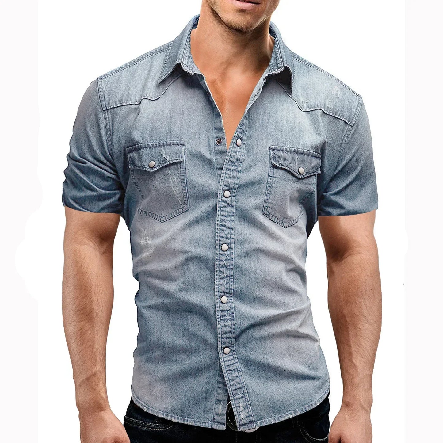 Vintage Street Style Men's Denim Shirt – Short Sleeve Casual Look