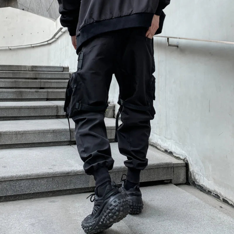 Men’s Multi-Pocket Techwear Cargo Joggers with Ribbon Straps – Casual Street Style Pants