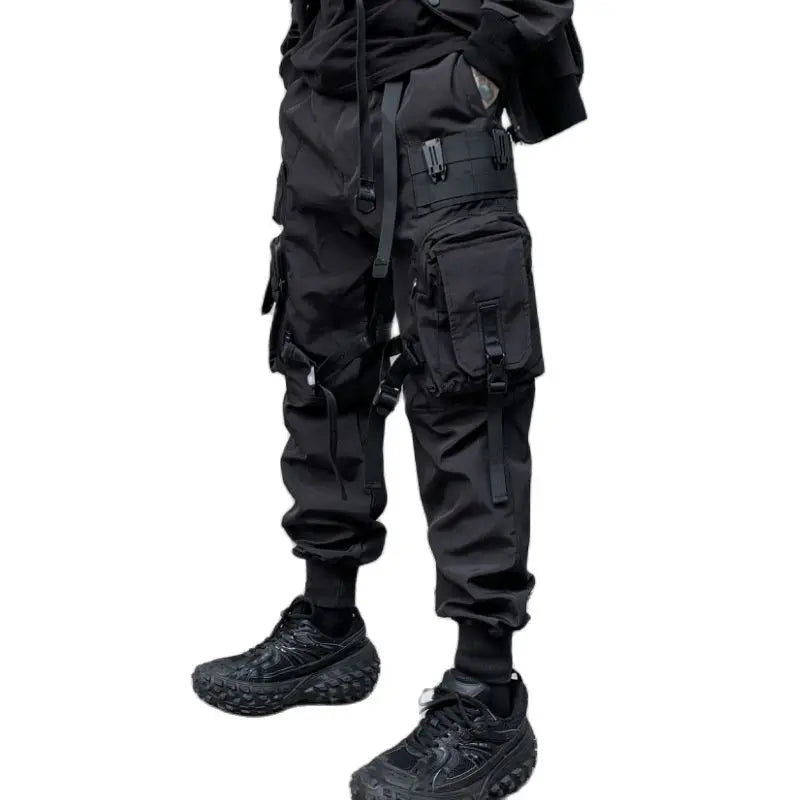 Men’s Multi-Pocket Techwear Cargo Joggers with Ribbon Straps – Casual Street Style Pants