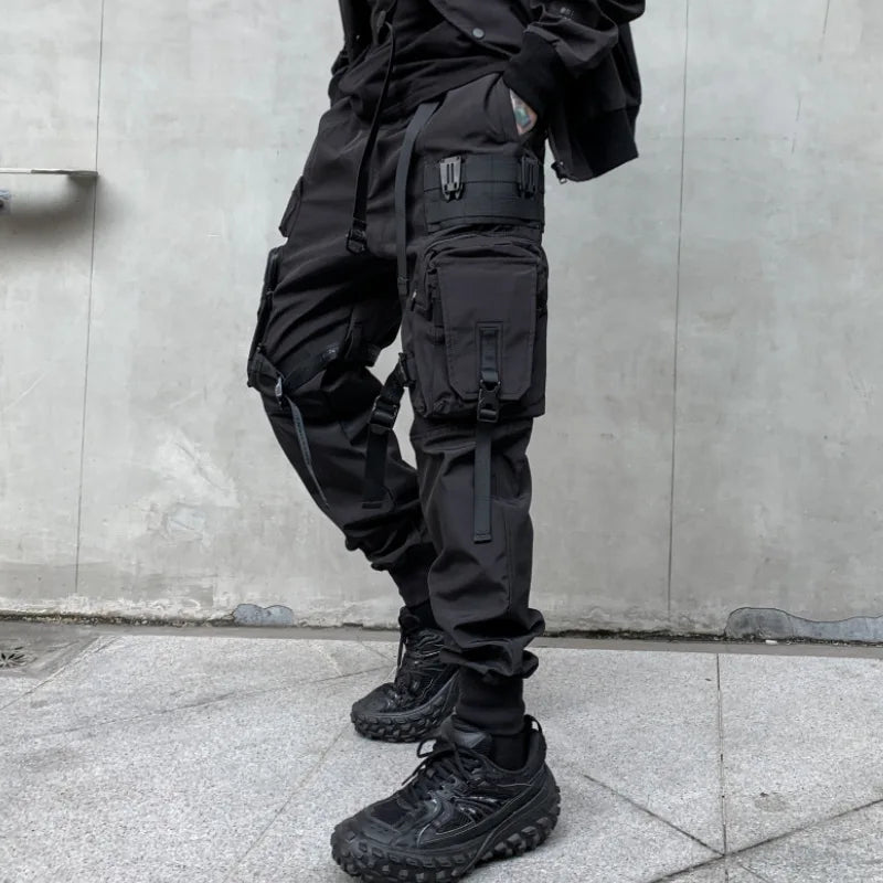 Men’s Multi-Pocket Techwear Cargo Joggers with Ribbon Straps – Casual Street Style Pants