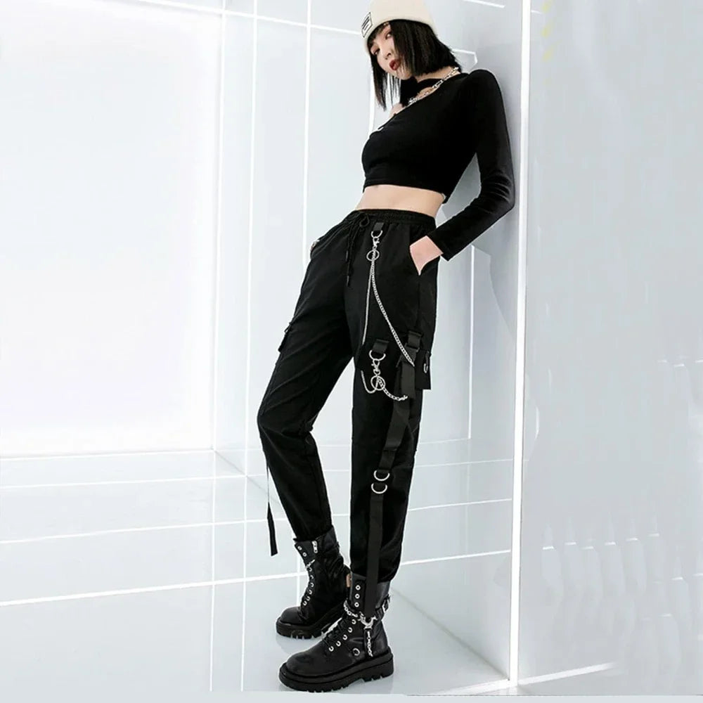 Women's Black Slim Legged Cargo Pants – High-Waist Streetwear Style