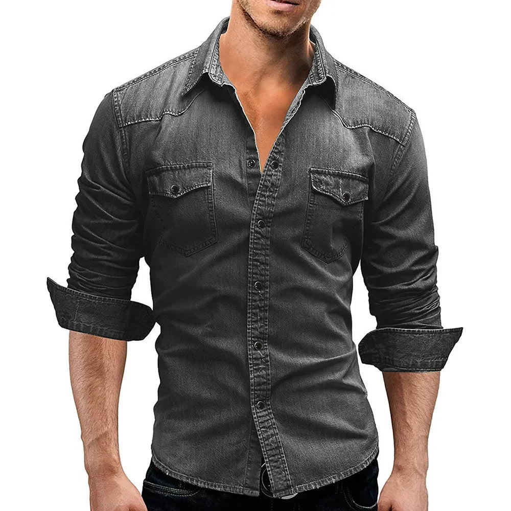 Vintage Street Style Men's Denim Shirt – Short Sleeve Casual Look