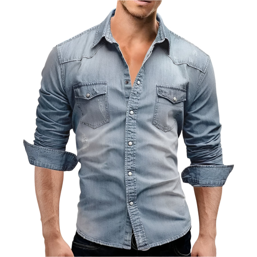 Vintage Street Style Men's Denim Shirt – Short Sleeve Casual Look