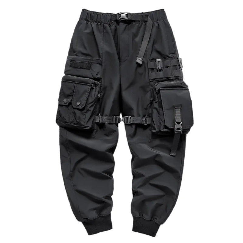 Men’s Multi-Pocket Techwear Cargo Joggers with Ribbon Straps – Casual Street Style Pants