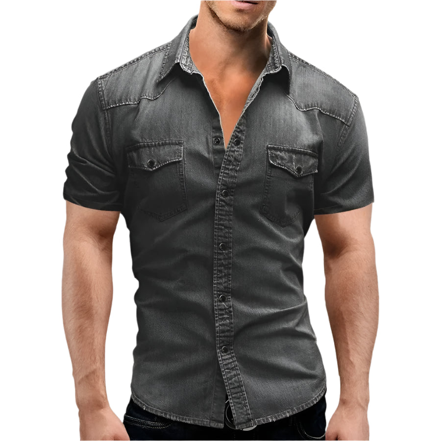 Vintage Street Style Men's Denim Shirt – Short Sleeve Casual Look