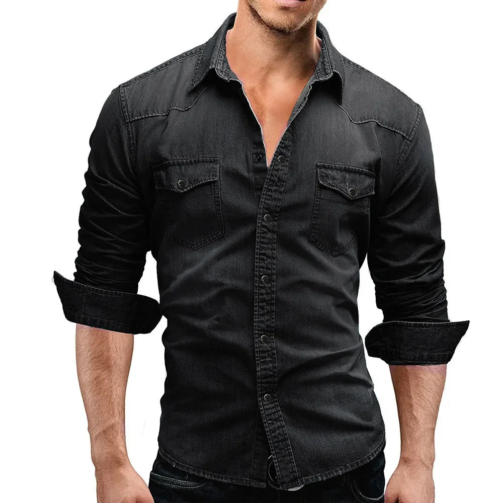 Vintage Street Style Men's Denim Shirt – Short Sleeve Casual Look