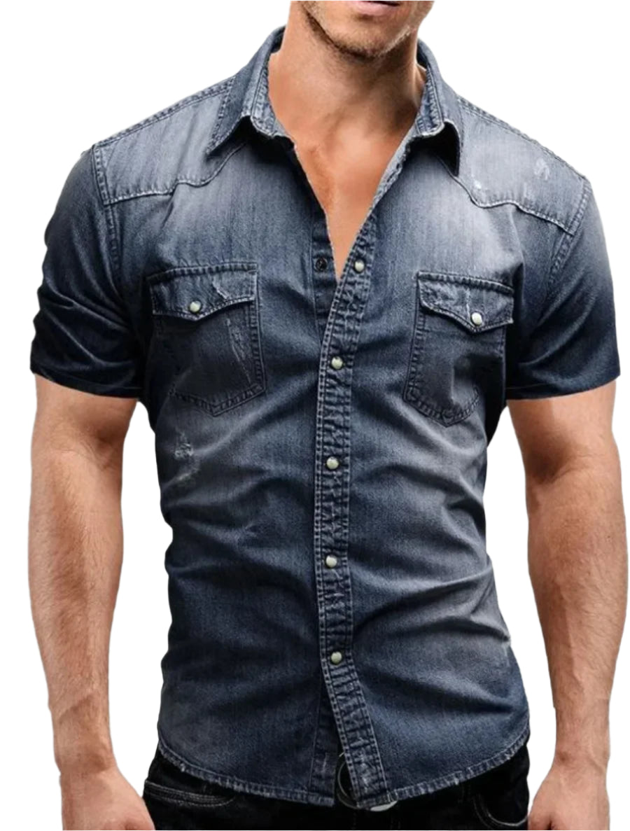 Vintage Street Style Men's Denim Shirt – Short Sleeve Casual Look