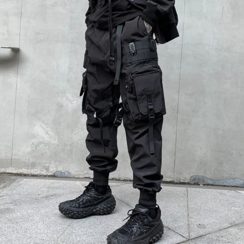 Men’s Multi-Pocket Techwear Cargo Joggers with Ribbon Straps – Casual Street Style Pants