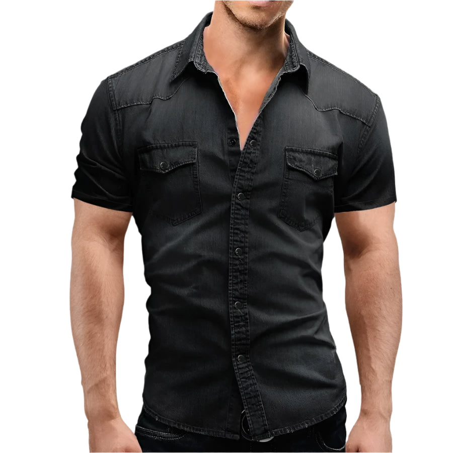 Vintage Street Style Men's Denim Shirt – Short Sleeve Casual Look
