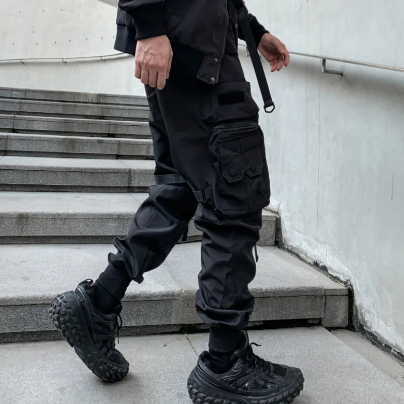Men’s Multi-Pocket Techwear Cargo Joggers with Ribbon Straps – Casual Street Style Pants