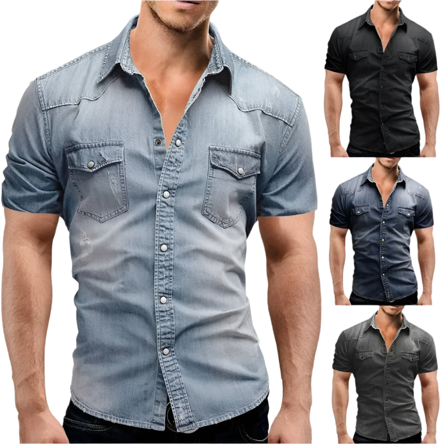 Vintage Street Style Men's Denim Shirt – Short Sleeve Casual Look