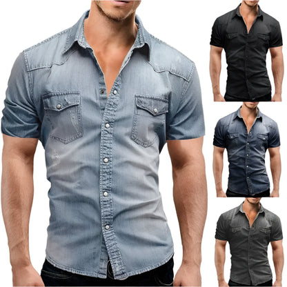 Vintage Street Style Men's Denim Shirt – Short Sleeve Casual Look