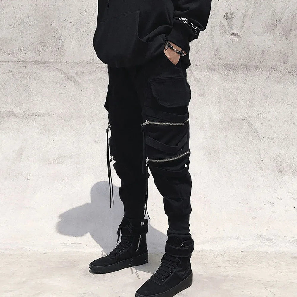 Men's Cargo Jogger Pants – Multi-Pocket Streetwear with Ribbon Detail