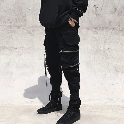 Men's Cargo Jogger Pants – Multi-Pocket Streetwear with Ribbon Detail