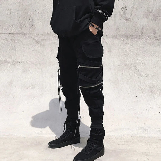 Men's Cargo Jogger Pants – Multi-Pocket Streetwear with Ribbon Detail