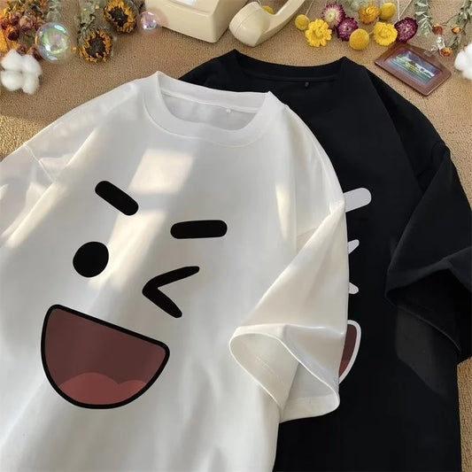 Korean Style Retro Smile Graphic Tee – Unisex Loose Fit