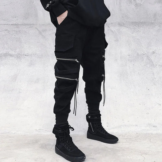 Men's Cargo Jogger Pants – Multi-Pocket Streetwear with Ribbon Detail