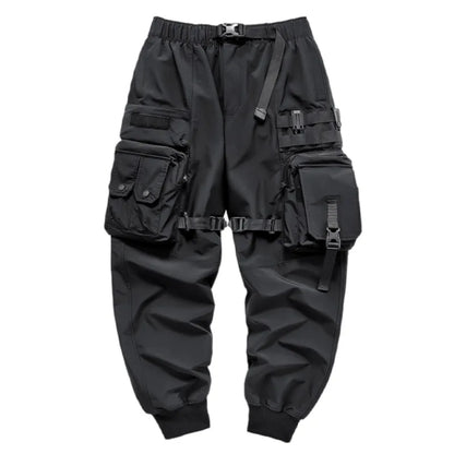 Men’s Multi-Pocket Techwear Cargo Joggers with Ribbon Straps – Casual Street Style Pants