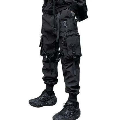 Men’s Multi-Pocket Techwear Cargo Joggers with Ribbon Straps – Casual Street Style Pants