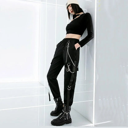 Women's Black Slim Legged Cargo Pants – High-Waist Streetwear Style
