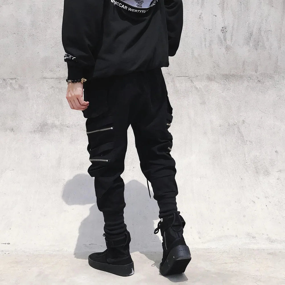 Men's Cargo Jogger Pants – Multi-Pocket Streetwear with Ribbon Detail