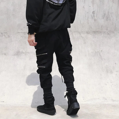 Men's Cargo Jogger Pants – Multi-Pocket Streetwear with Ribbon Detail