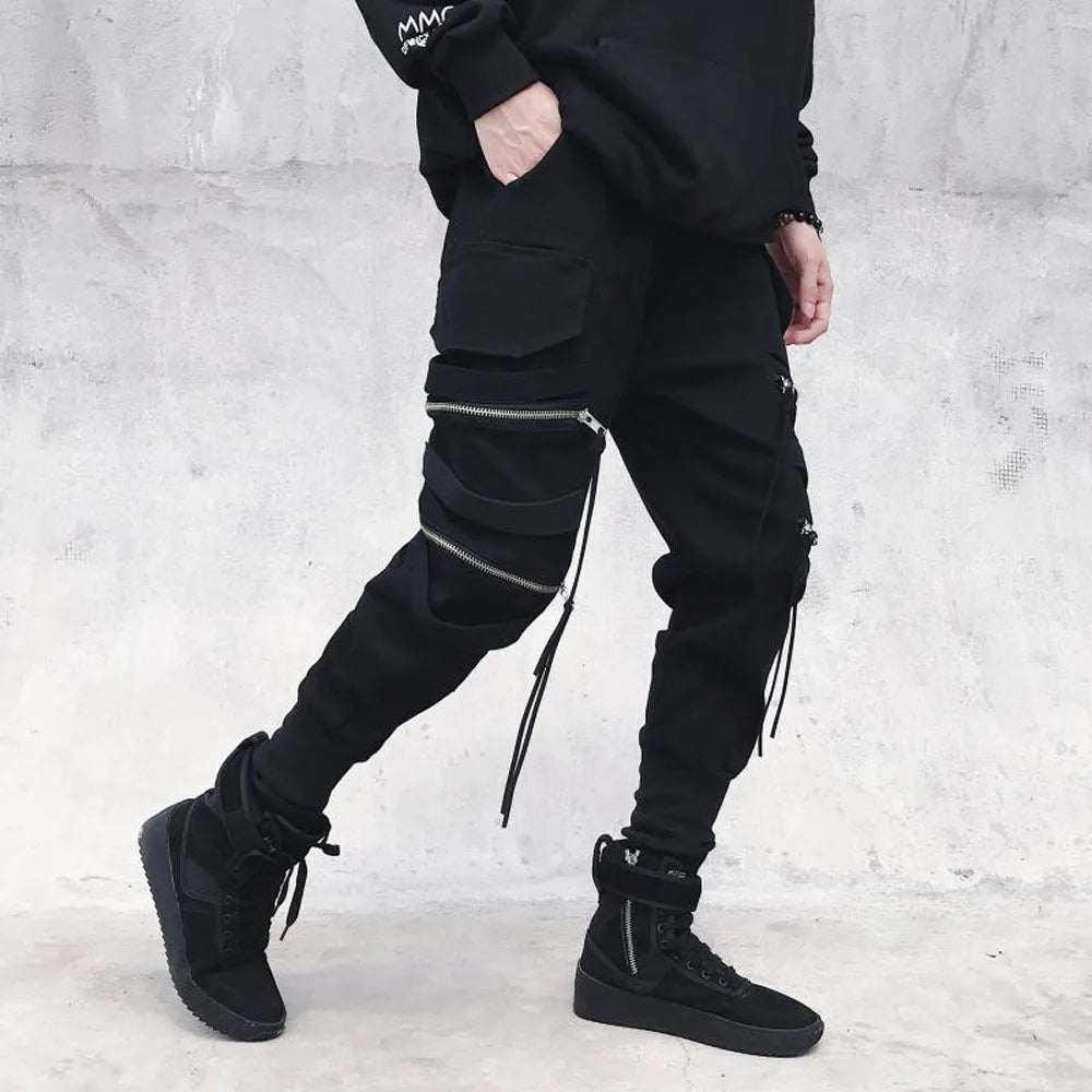 Men's Cargo Jogger Pants – Multi-Pocket Streetwear with Ribbon Detail