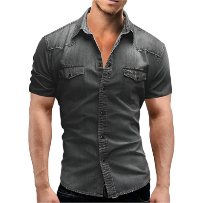 Vintage Street Style Men's Denim Shirt – Short Sleeve Casual Look